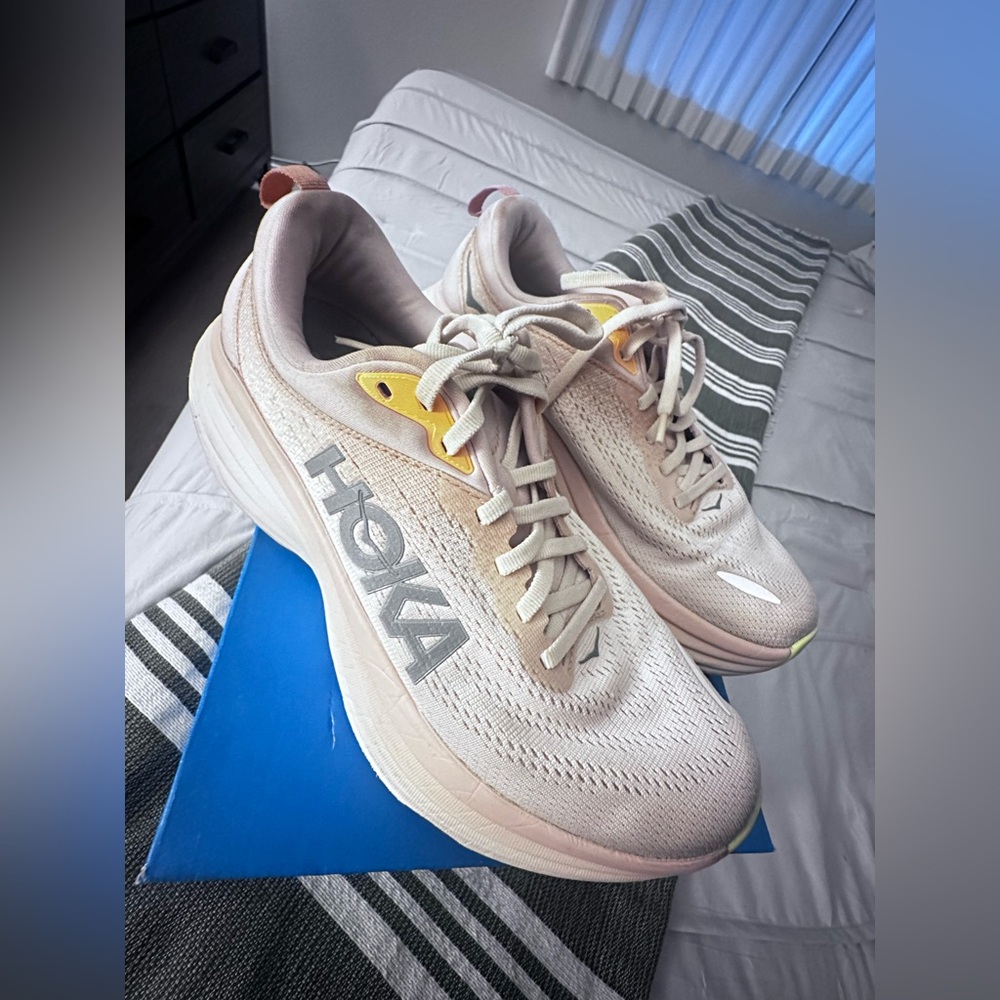 Hoka Bondi 8 Running Shoes Pink/Green Women size 8.5 gently used